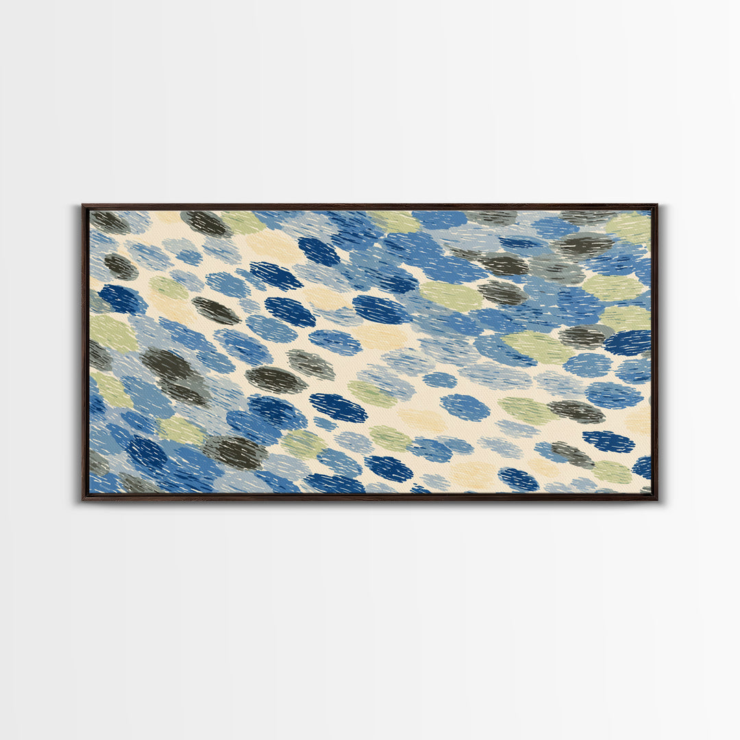 Blue Gray Brush Dot Abstract Wall Art, Midcentury Modern Art Print, Minimalist Retro Decor, Coastal Geometric Poster For Home