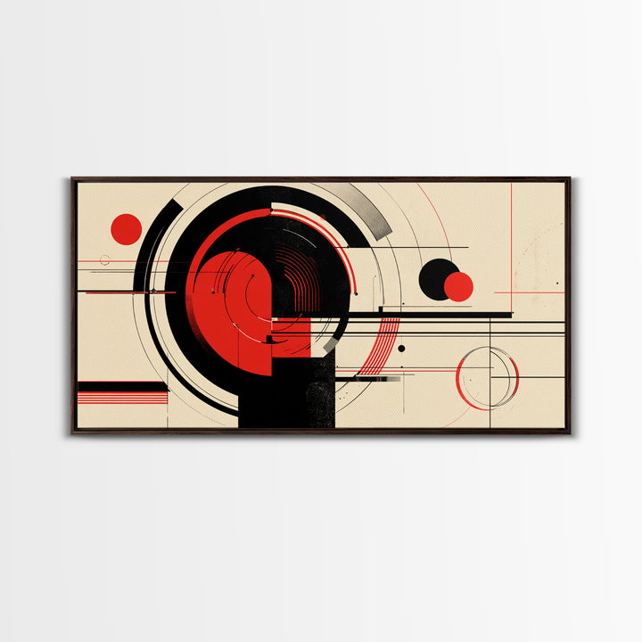 Red Black Circular Abstract Canvas Print, Mid Century Modern Wall Decor, Geometric Bauhaus Poster, Atomic Retro Artwork Print