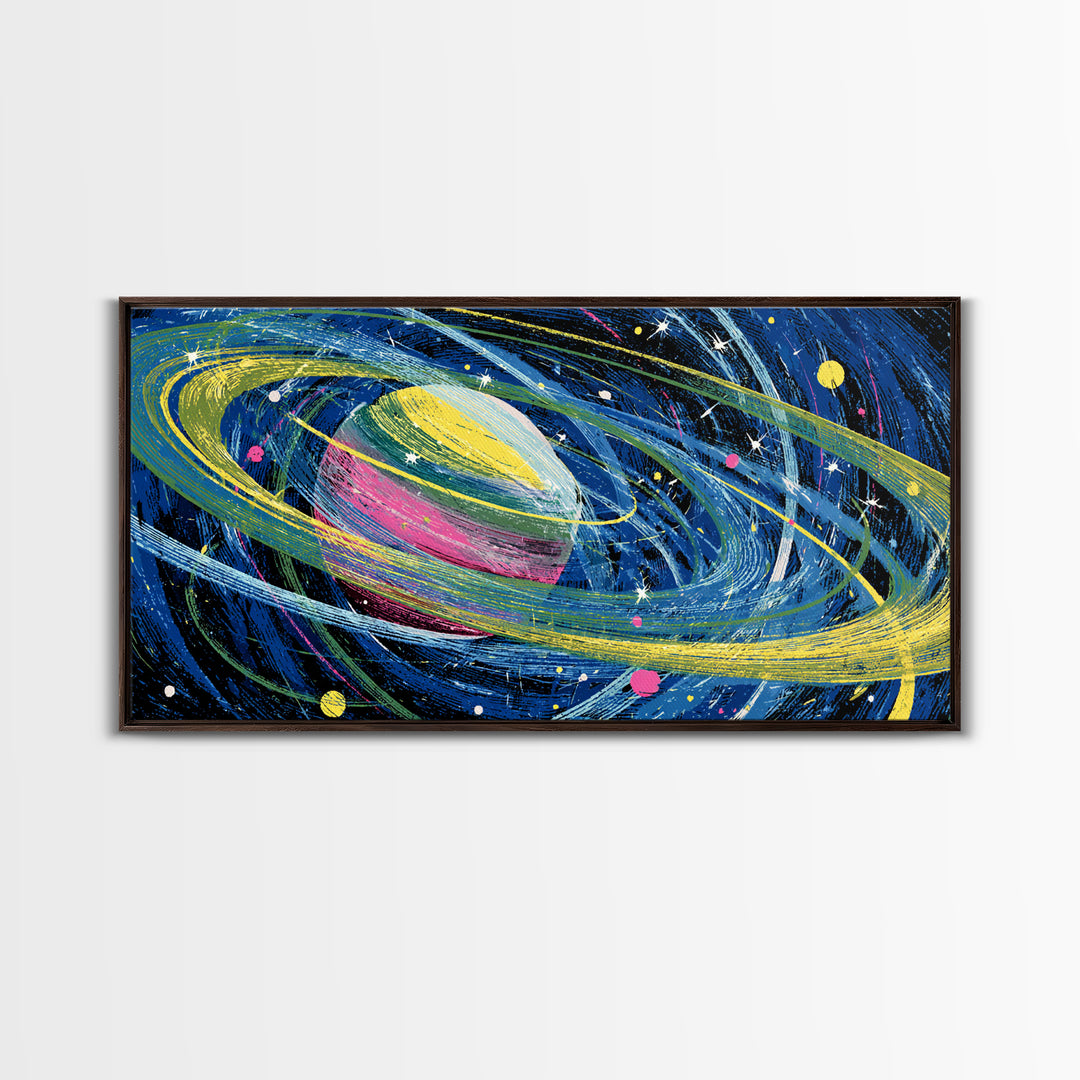Colorful Ringed Planet Wall Art, Retro Sci Fi Space Poster, Cosmic Mid Century Modern Art Print, Kids Room Galaxy Decor Gift