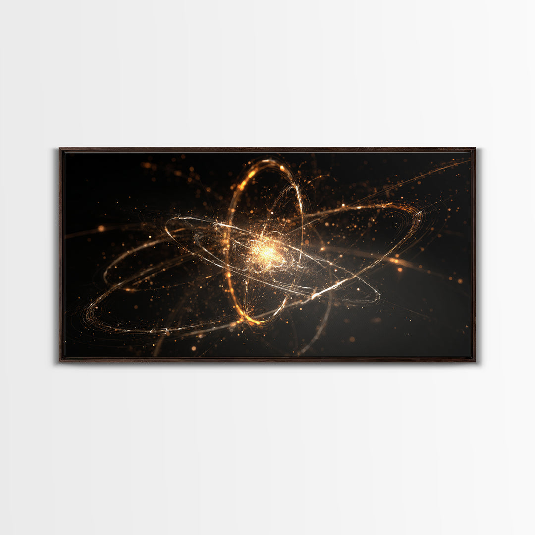 Golden Atomic Orbit Wall Art, Modern Abstract Space Poster, Cosmic Particle Artwork, Black Gold Home Office Decor Print Gift