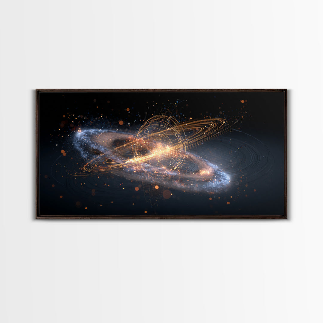 Golden Cosmic Galaxy Wall Art, Saturn Ring Space Abstract Poster, Modern Sci Fi Decor, Large Canvas Print For Home Office