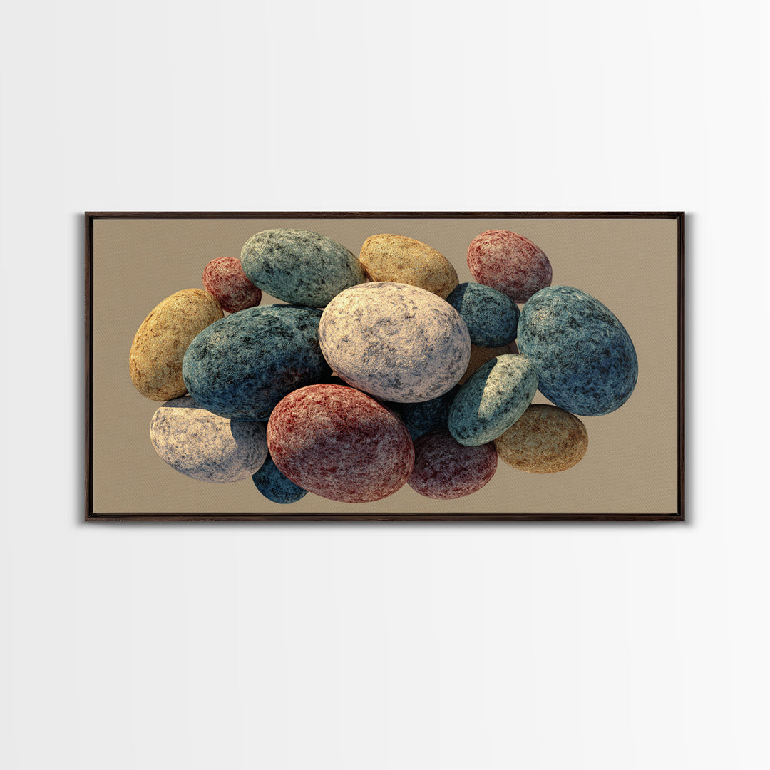 Speckled Egg And Stone Still Life Canvas Print, Earth Tone Organic Shapes, Modern Home Decor, Kitchen Art, Neutral Wall Decor
