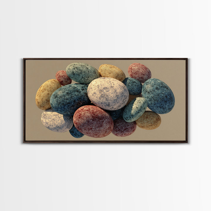 Speckled Egg And Stone Still Life Canvas Print, Earth Tone Organic Shapes, Modern Home Decor, Kitchen Art, Neutral Wall Decor