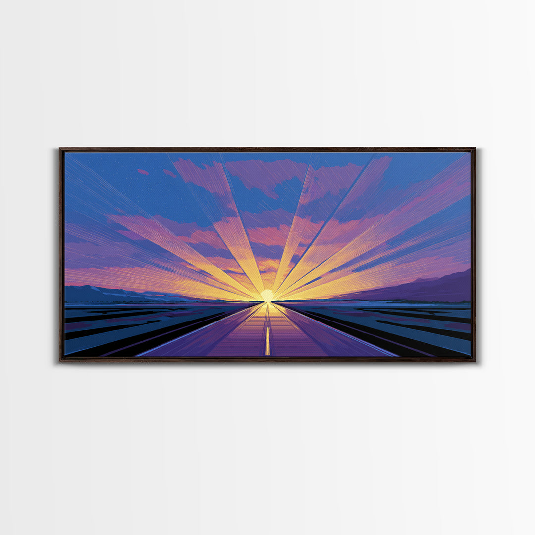 Radiant Road Sunset Canvas Print, Purple Blue Horizon Rays, Retro Travel Poster, Modern Wall Art, Midcentury Decor, Home Office Art