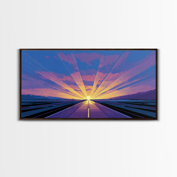 Radiant Road Sunset Canvas Print, Purple Blue Horizon Rays, Retro Travel Poster, Modern Wall Art, Midcentury Decor, Home Office Art