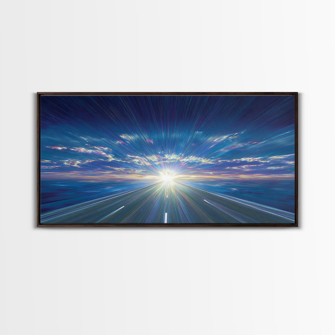 Blue Highway Light Burst Canvas Print, Radiant Horizon Road, Modern Abstract Art, Retro Wall Art, Home Office Decor, Large Prints