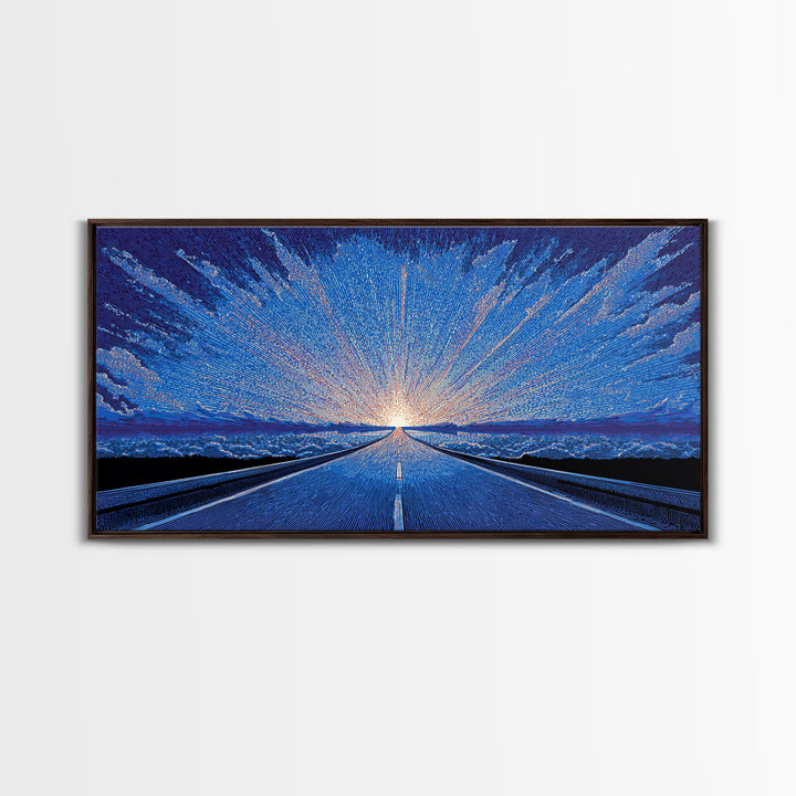 Icy Blue Road Sunrise Wall Art, Winter Horizon Light Burst, Modern Digital Art, Retro Poster, Statement Wall Decor, Home Office Art