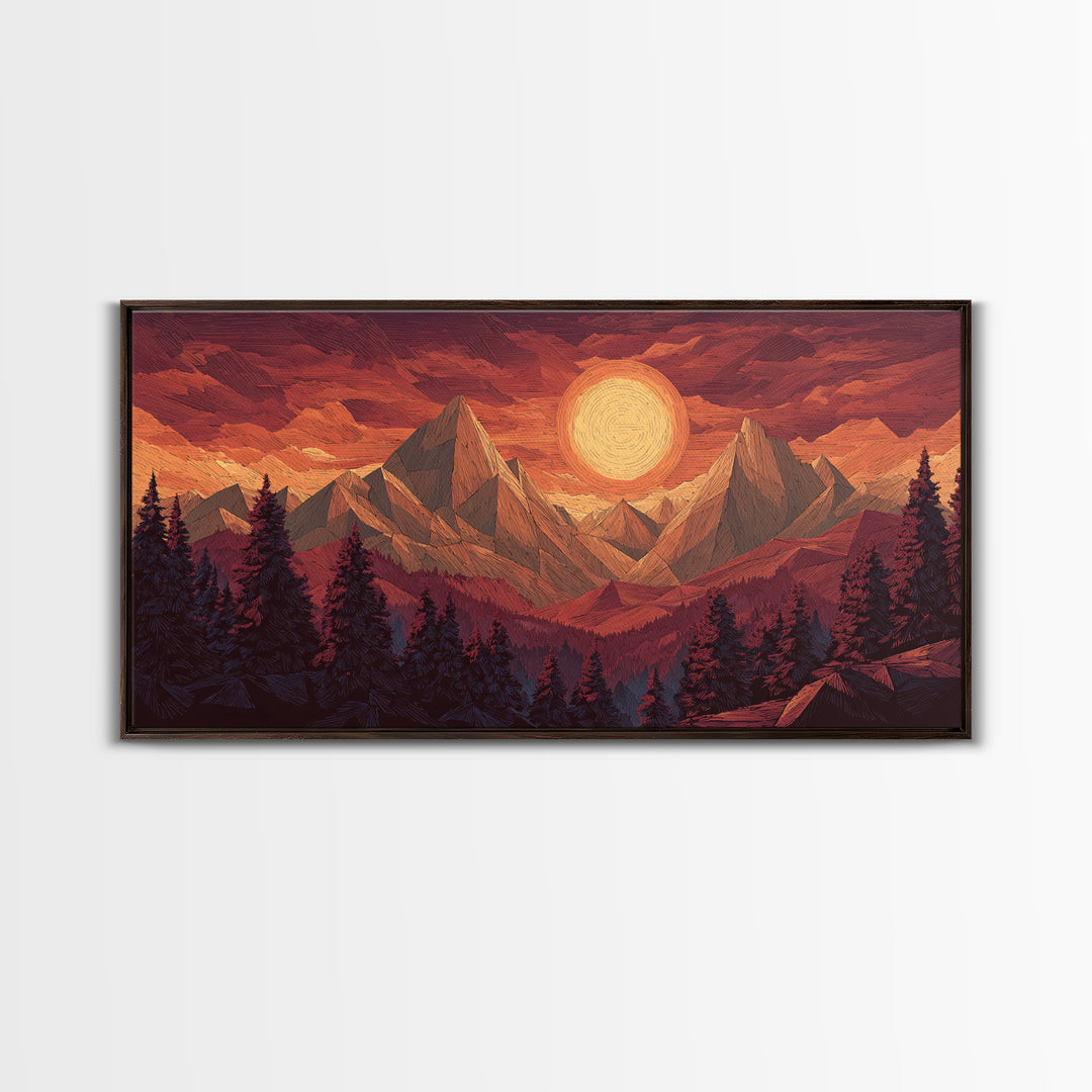 Orange Sun Mountain Forest Framed Canvas Print, Retro Landscape Poster, Midcentury Wall Art, Rustic Cabin Decor, Living Room Art