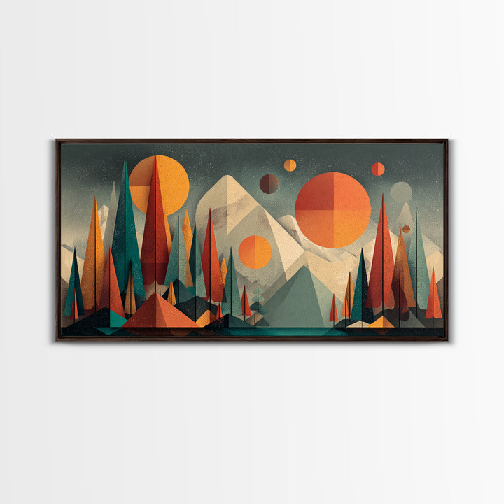 Geometric Mountain Forest With Suns Wall Art, Midcentury Modern Art, Abstract Landscape Print, Retro MCM Home Decor, Large Canvas Print