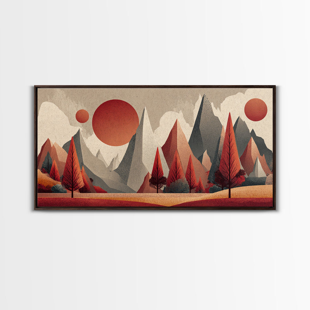 Red Pine Mountain Sunrise Wall Art, Midcentury Modern Abstract Landscape Print, Retro MCM Cabin Decor, Framed Canvas Print