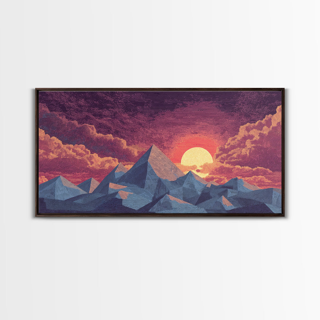 Textured Purple Mountain Sunset Wall Art, Retro Midcentury Modern Landscape Print, Scenic Bedroom Decor, Framed Canvas Print