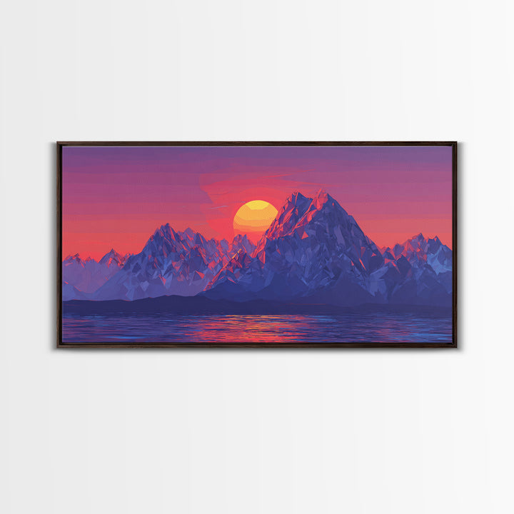 Alpine Mountain Lake Sunset Canvas Print, Blue Purple Landscape Wall Art, Modern Retro Poster, Bedroom Home Office Decor