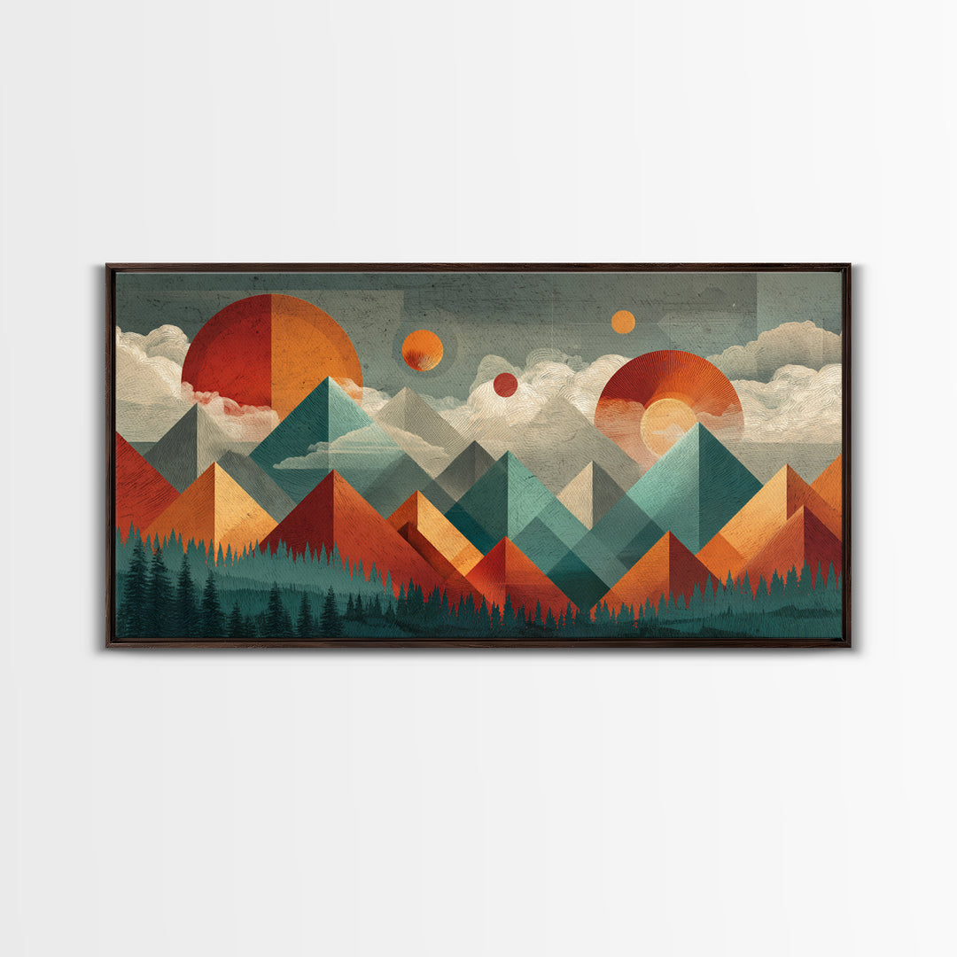 Orange Teal Geometric Mountain Suns Wall Art, Midcentury Modern Abstract Landscape Print, Retro MCM Home Decor, Canvas Print