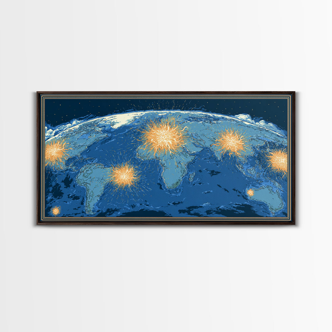 Blue World Map With Orange Network Bursts Wall Art, Modern Global Travel Print, Large Home Office Decor, Framed Canvas Print