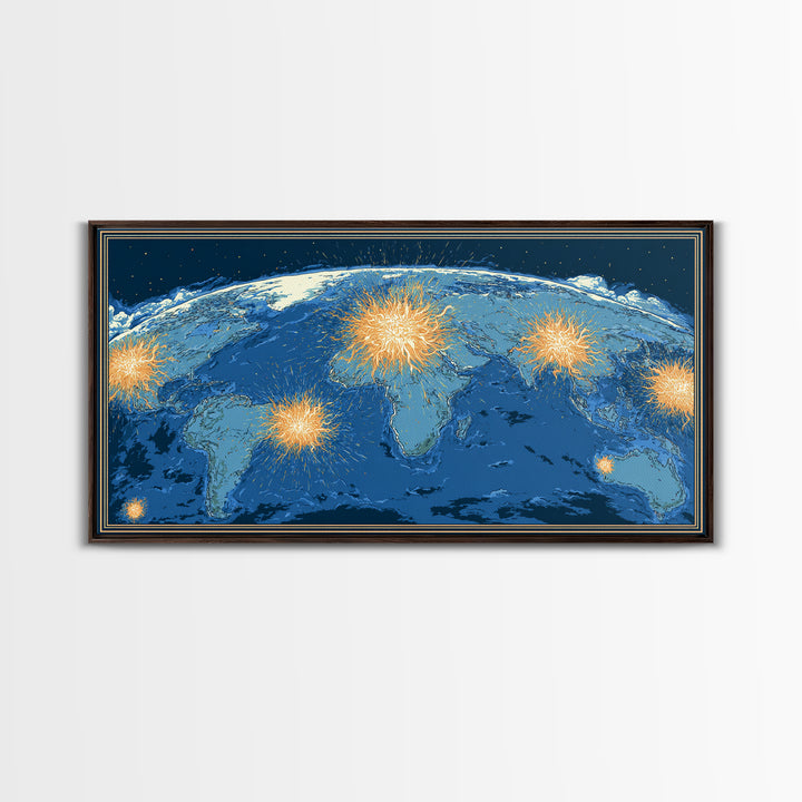 Blue World Map With Orange Network Bursts Wall Art, Modern Global Travel Print, Large Home Office Decor, Framed Canvas Print