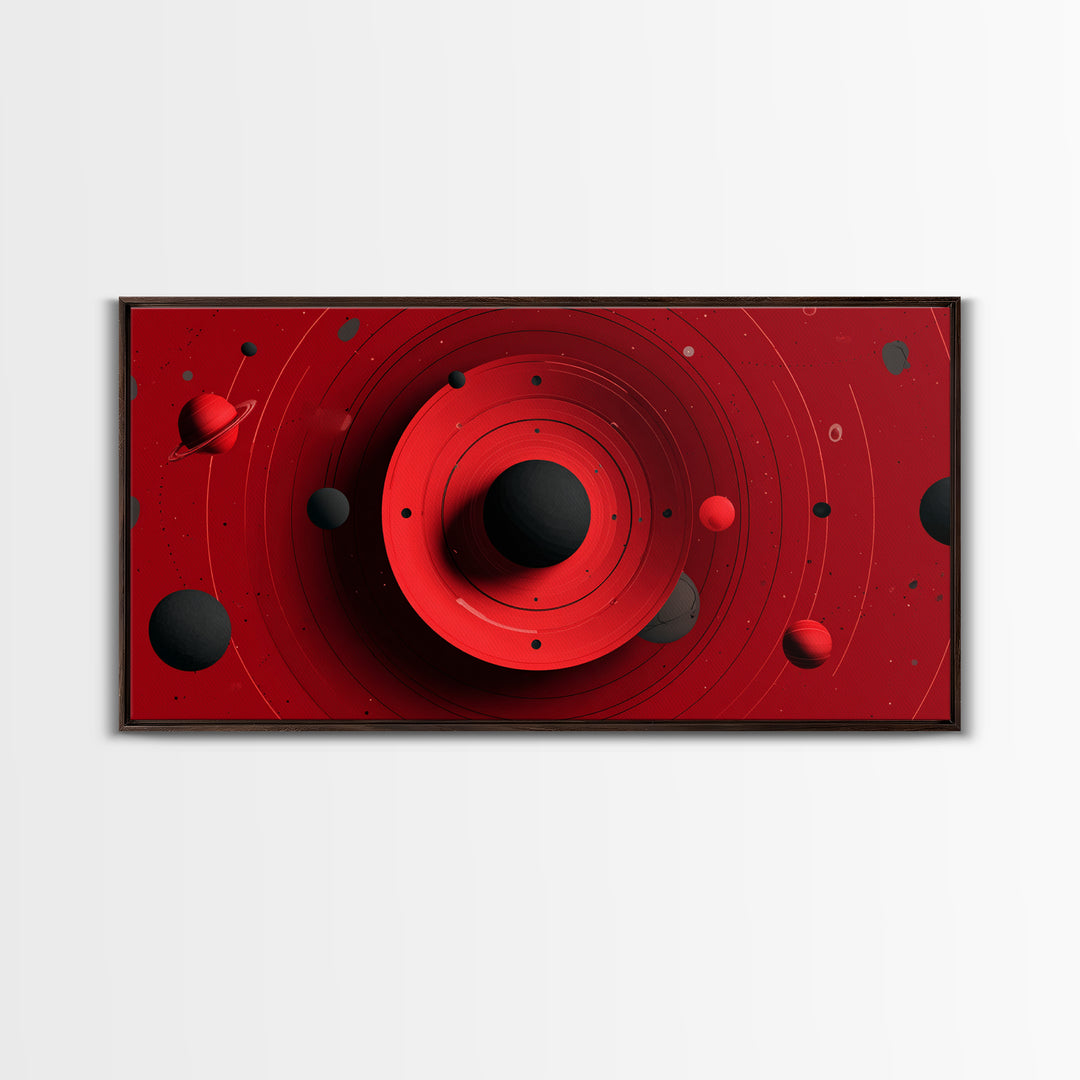 Red Black Planetary Rings Canvas Print, Midcentury Modern Cosmic Wall Art, Sci Fi Space Poster, Atomic Retro MCM Decor Art