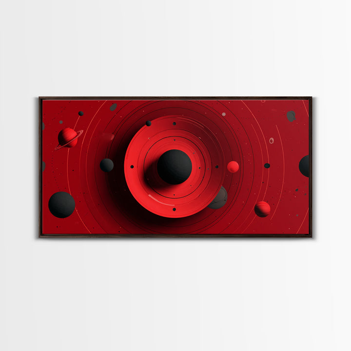 Red Black Planetary Rings Canvas Print, Midcentury Modern Cosmic Wall Art, Sci Fi Space Poster, Atomic Retro MCM Decor Art