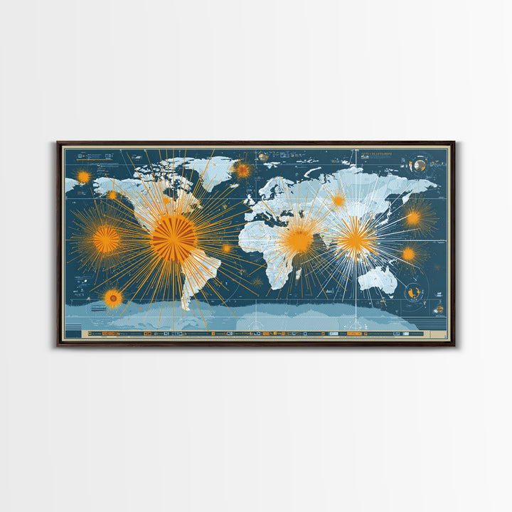 Detailed Blue World Map Network Canvas Print, Modern Office Wall Art, Global Travel Poster, Large Home Decor, Digital Art Print
