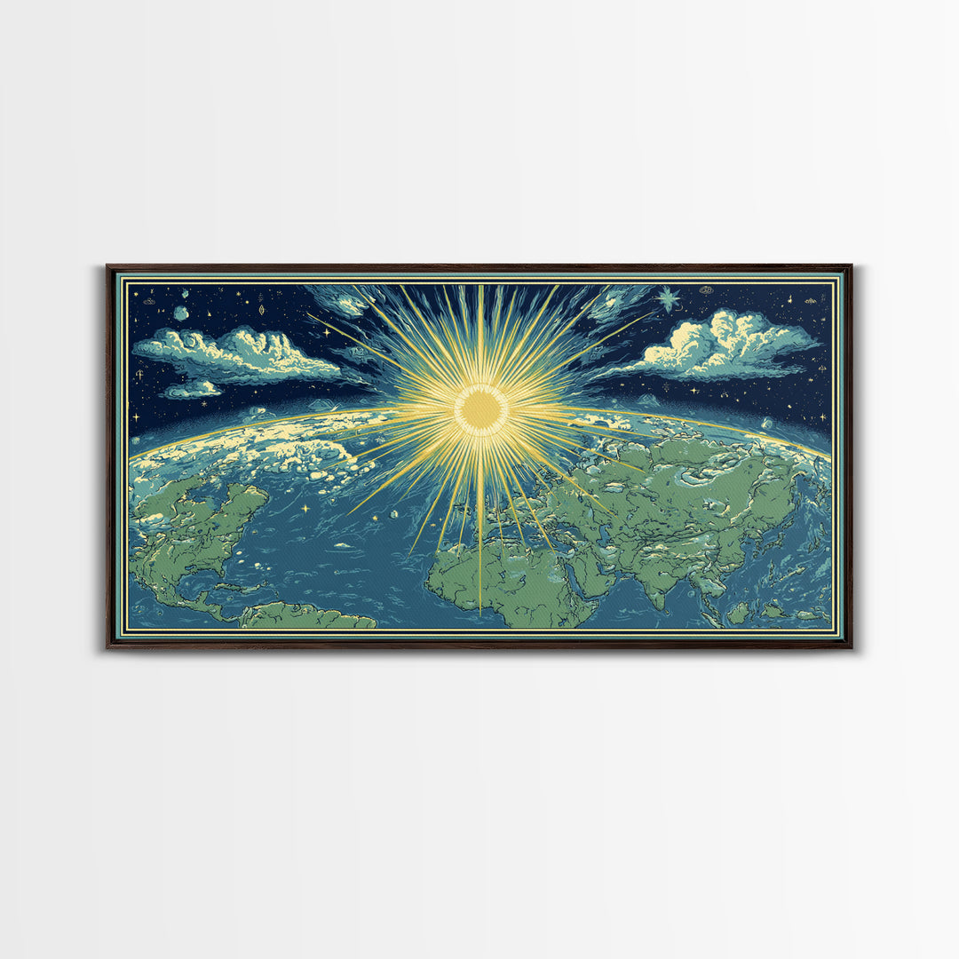 Radiant Sunrise World Map Wall Art, Celestial Earth Poster, Midcentury Modern Art Print, Starry Travel Decor For Living Room