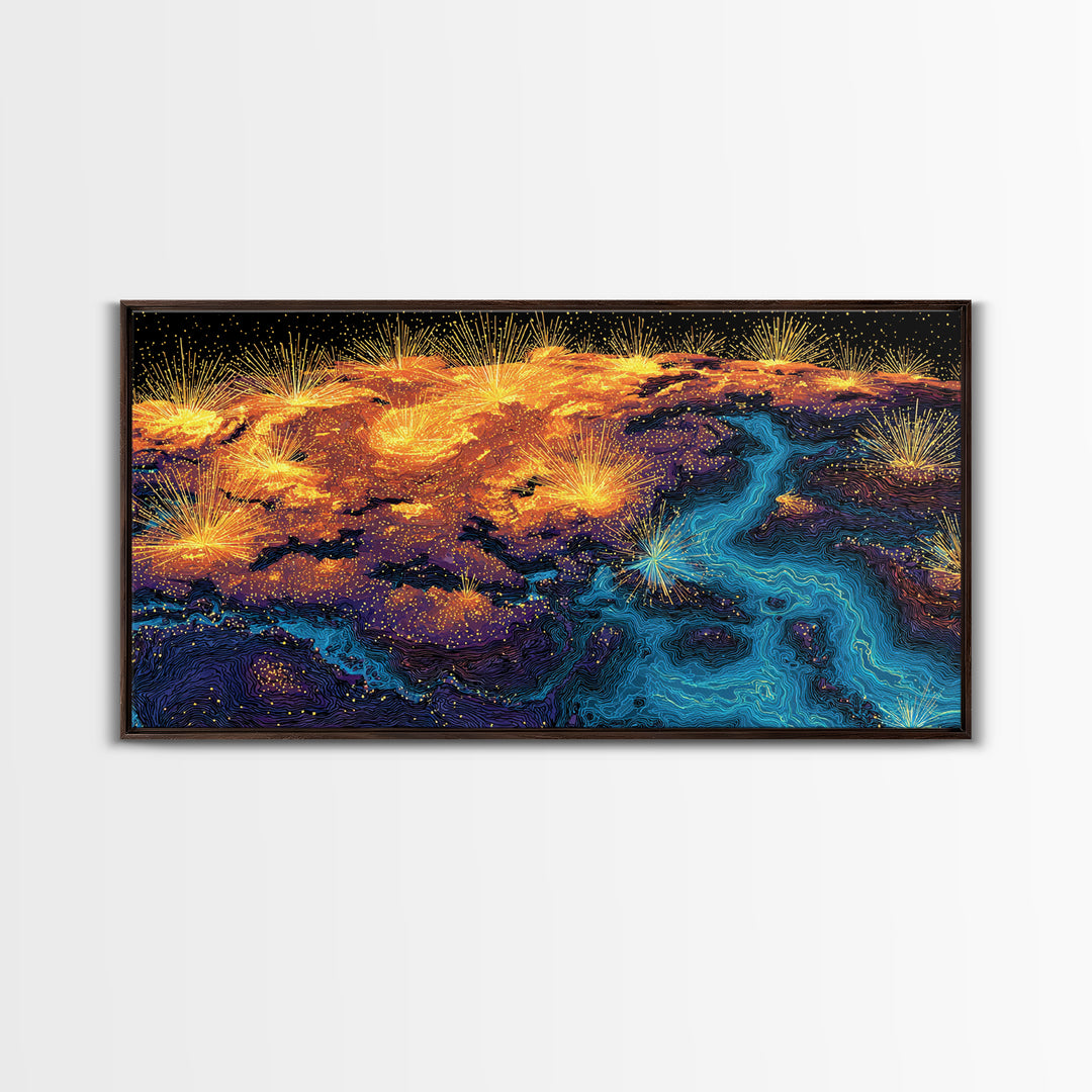 Glowing City Lights Earth Canvas Print, Abstract World Map Poster, Modern Wall Art Print, Orange Blue Travel Decor For Office
