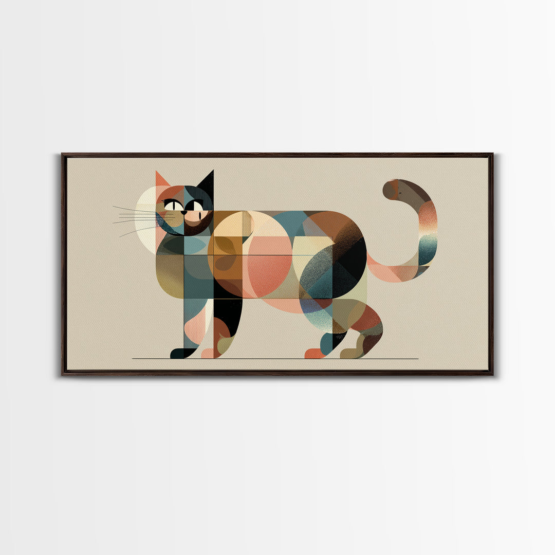 Muted Geometric Cat Wall Art, Midcentury Modern Feline Print, Scandinavian Modern Decor, Pastel Abstract Poster For Cat Lovers