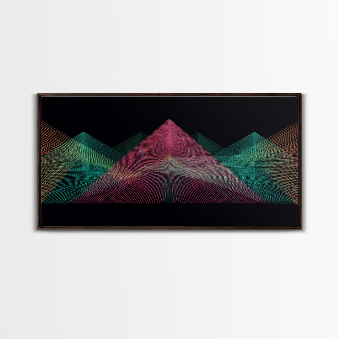 Neon Wireframe Pyramid Wall Art, Sci Fi Abstract Poster, Modern Digital Art Print, Black Retro Decor For Gaming Room Or Studio