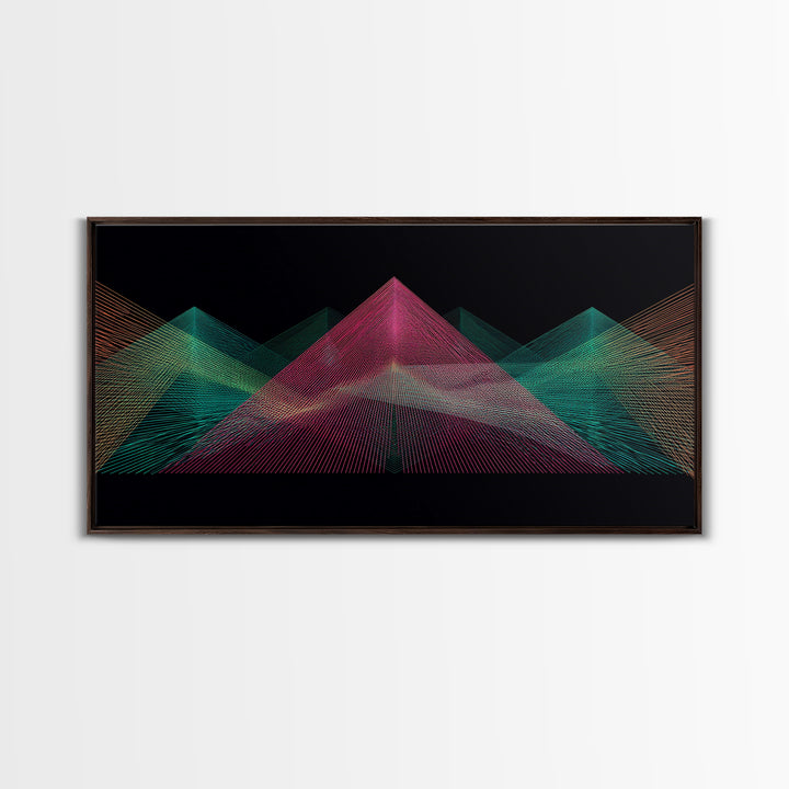 Neon Wireframe Pyramid Wall Art, Sci Fi Abstract Poster, Modern Digital Art Print, Black Retro Decor For Gaming Room Or Studio