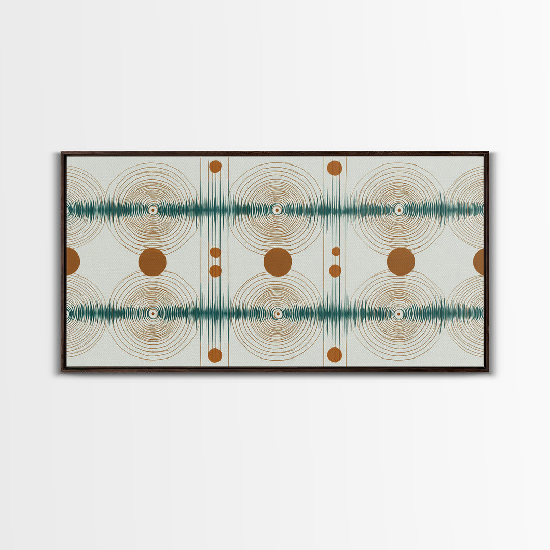 Teal Copper Atomic Sound Wave Framed Canvas Print, Midcentury Modern Art, Geometric Wall Art, Retro Home Office Decor Print