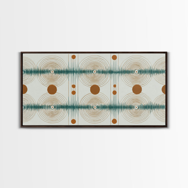 Teal Copper Atomic Sound Wave Framed Canvas Print, Midcentury Modern Art, Geometric Wall Art, Retro Home Office Decor Print