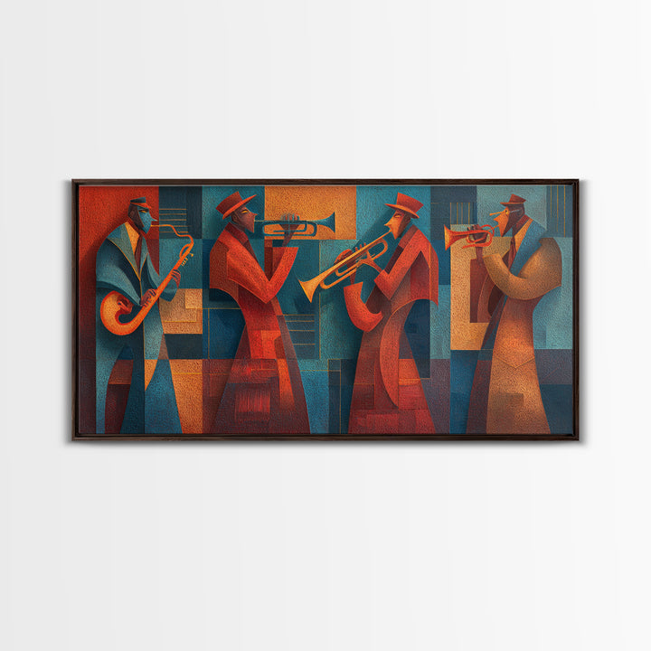 Red Teal Jazz Horn Ensemble Framed Canvas Print, Midcentury Modern Wall Art, Retro Music Poster, Masculine Decor Gift For Him