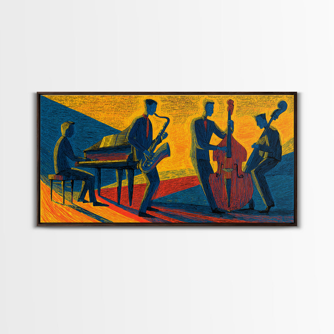 Yellow Blue Jazz Club Quartet Canvas Print, Midcentury Modern Art, Retro Wall Art, Sax Piano Bass Living Room Decor Poster