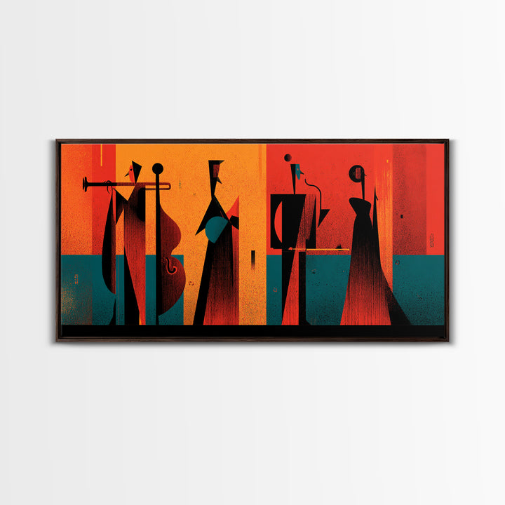 Orange Black Abstract Jazz Ensemble Wall Art, Midcentury Modern Poster, Atomic Art Print, Bold Geometric Home Decor For Musicians