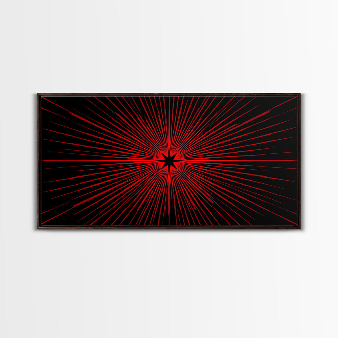 Red Starburst On Black Wall Art, Midcentury Modern Op Art Poster, Atomic Sunburst Canvas Print, Bold Geometric MCM Decor
