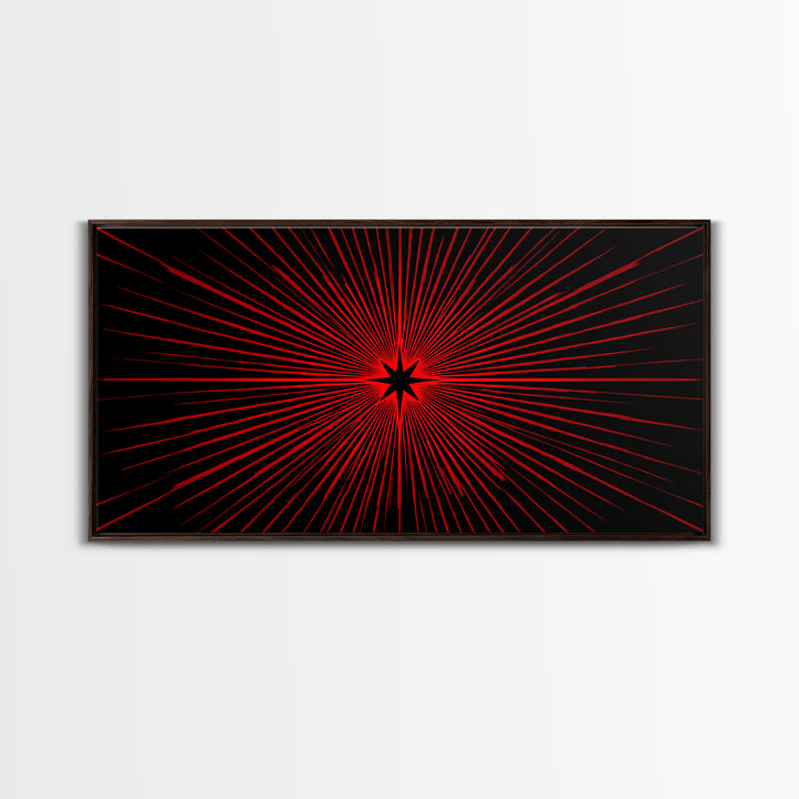 Red Starburst On Black Wall Art, Midcentury Modern Op Art Poster, Atomic Sunburst Canvas Print, Bold Geometric MCM Decor