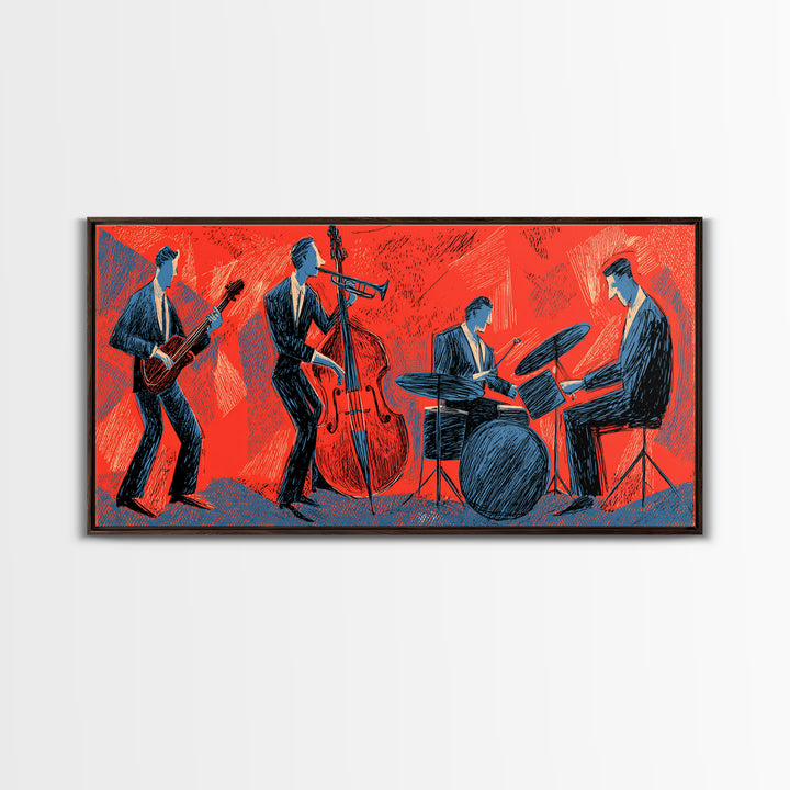Red Blue Jazz Band Canvas Print, Midcentury Modern Wall Art, Abstract Music Poster, Living Room Decor Gift For Musicians