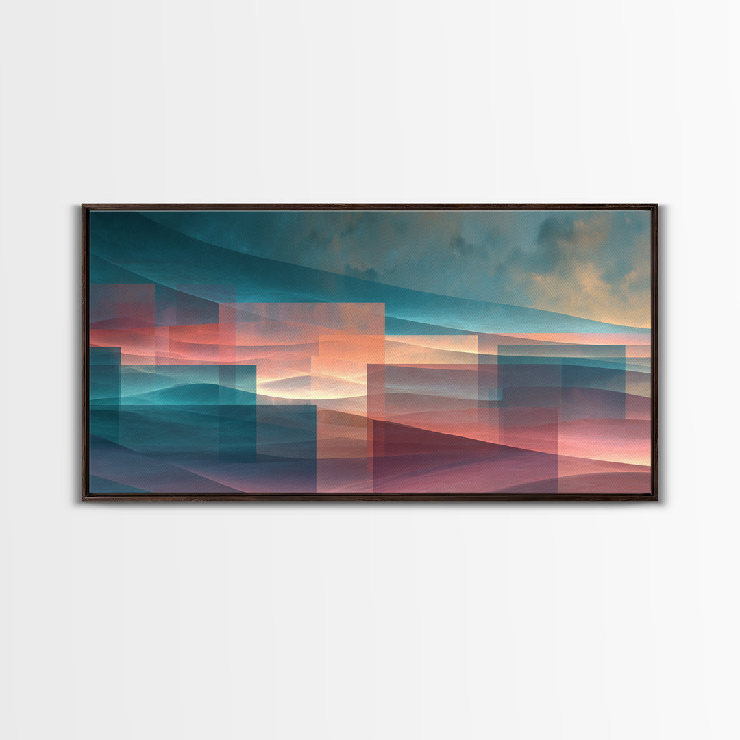 Layered Sunset Mountain Geometry Wall Art, Midcentury Modern Art Print, Teal Pink Landscape Decor, Abstract Home Office Art