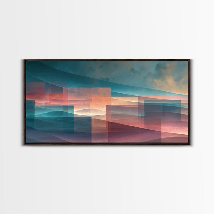 Layered Sunset Mountain Geometry Wall Art, Midcentury Modern Art Print, Teal Pink Landscape Decor, Abstract Home Office Art
