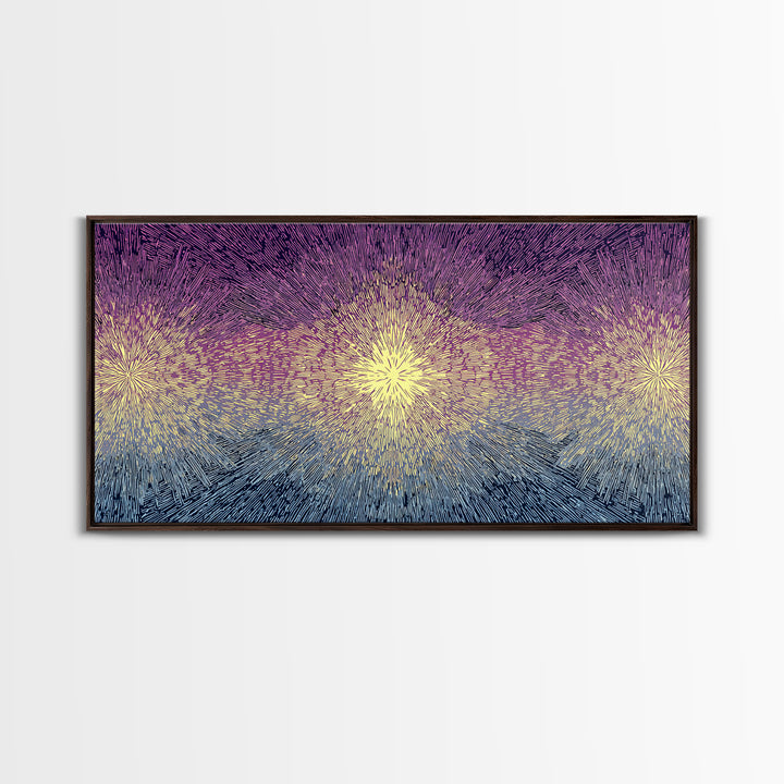 Purple Gold Radiant Burst Wall Art, Midcentury Modern Abstract Print, Spiritual Sun Decor, Funky Geometric Home Office Art