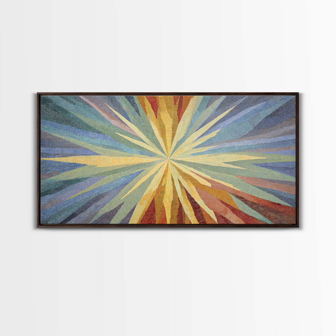 Woven Sunburst Rays Abstract Wall Art, Modern Geometric Art Print, Midcentury Canvas Decor, Blue Yellow Statement Piece Art