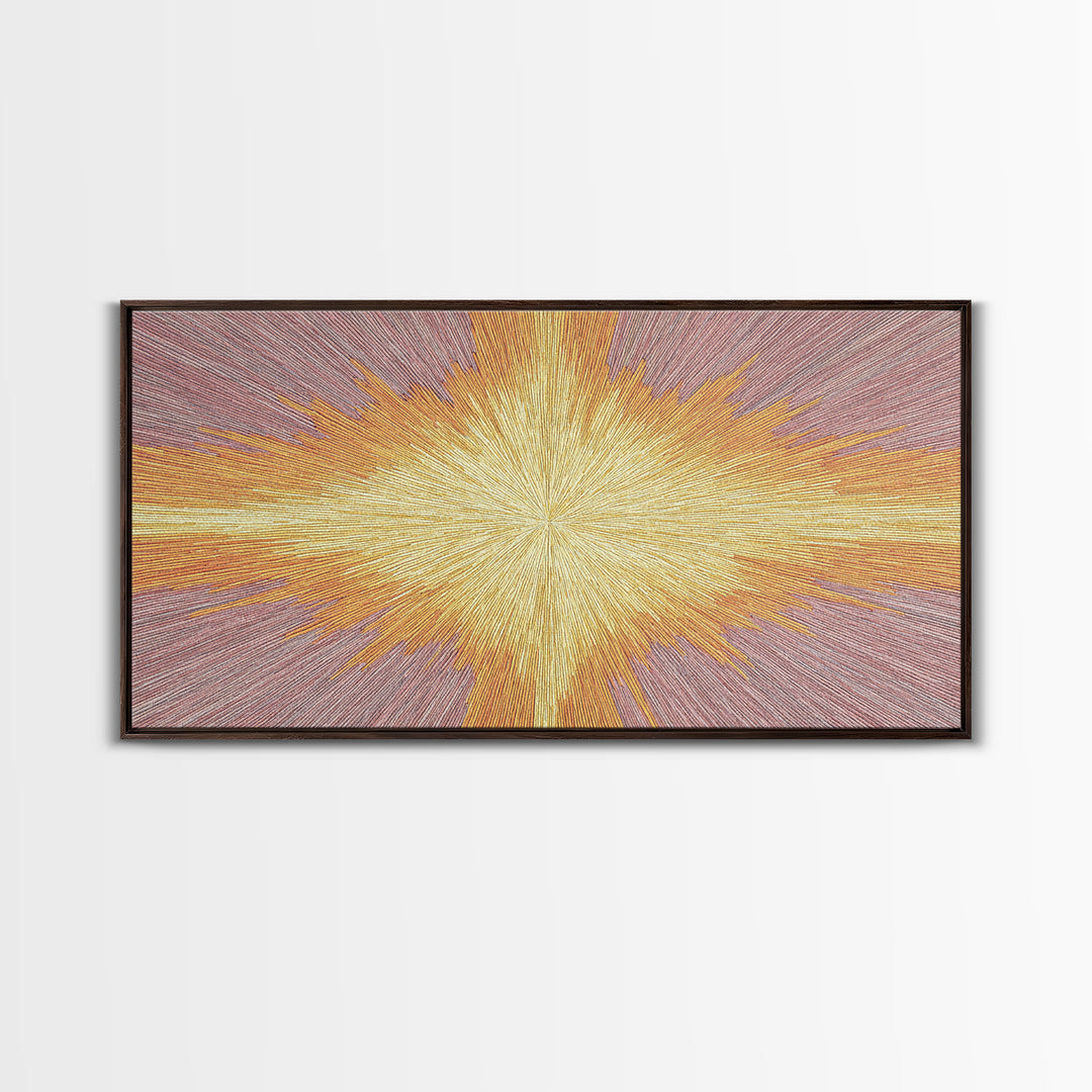 Golden Radiant Cross Starburst Framed Canvas Print, Spiritual Wall Art, Modern Christian Abstract Decor, Purple Yellow Art