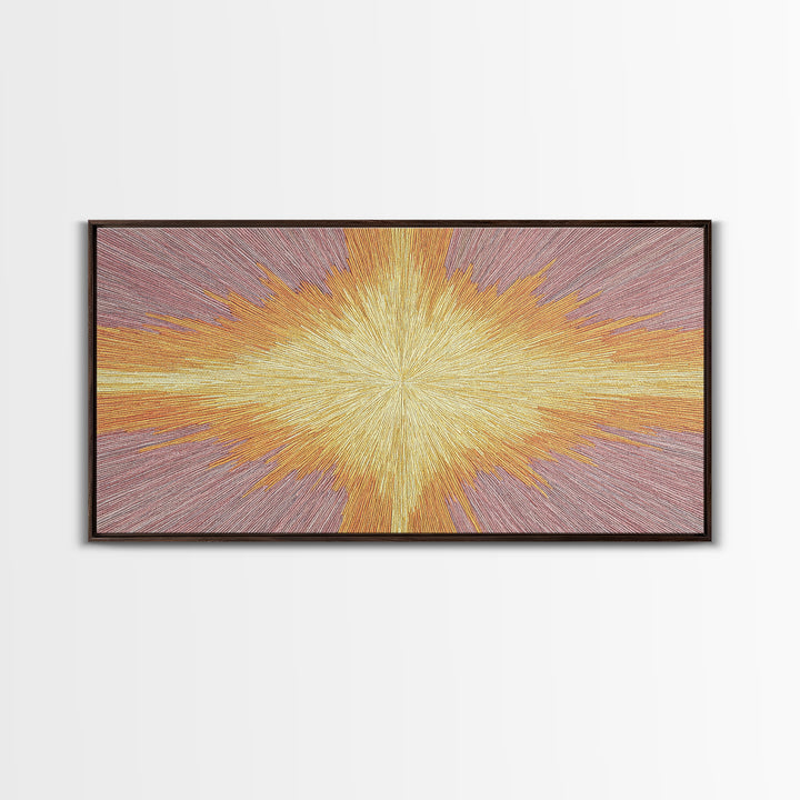 Golden Radiant Cross Starburst Framed Canvas Print, Spiritual Wall Art, Modern Christian Abstract Decor, Purple Yellow Art