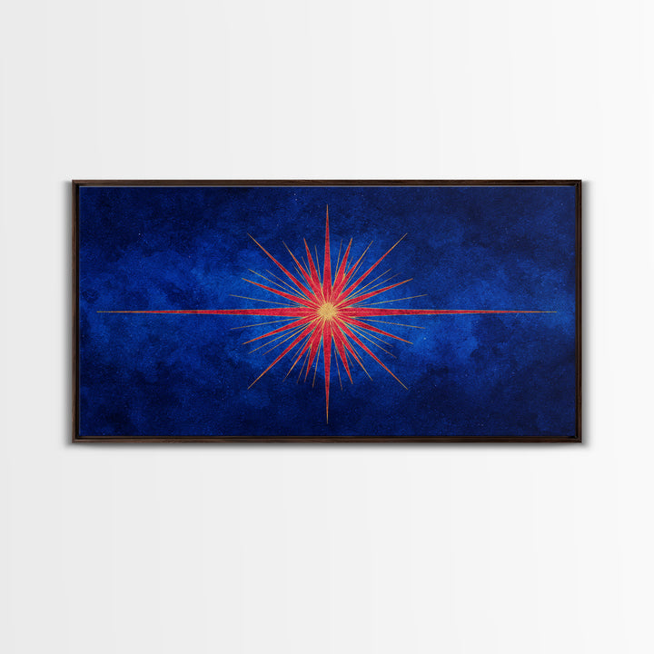 Blue Gold Starburst Framed Canvas Print, Mid Century Modern Atomic Wall Art, Retro Sunburst Poster, Elegant MCM Wall Decor