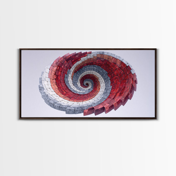 Red Gray Spiral Mosaic Wall Art, Midcentury Modern Abstract Geometric Print, Retro Op Art Decor For Office And Living Room