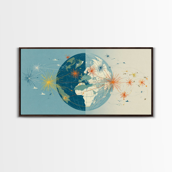 Split Globe Network Wall Art, Midcentury Modern Travel Print, Retro World Map Poster With Starbursts For Home Office Decor