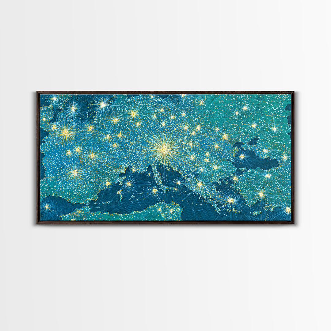 Blue Illuminated World Map Wall Art, Midcentury Modern Travel Print, Global Lights Poster For Office And Living Room Decor
