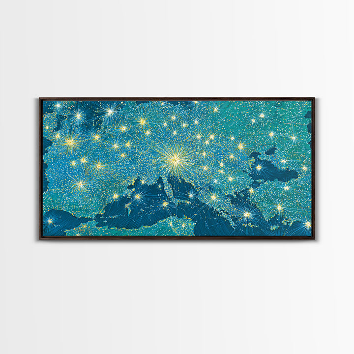 Blue Illuminated World Map Wall Art, Midcentury Modern Travel Print, Global Lights Poster For Office And Living Room Decor