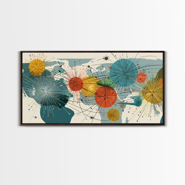 Abstract World Map Starburst Canvas Print, Midcentury Modern Geometric Wall Art, Retro Global Network Decor For Office Or Home