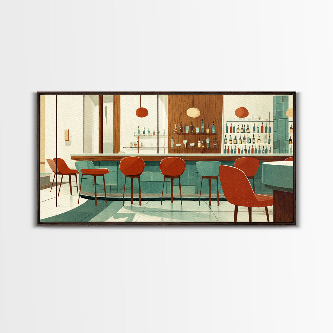 Retro Cocktail Bar With Red Chairs And Teal Cabinets, Mid Century Modern Wall Art, MCM Lounge Decor, Canvas Style Print Gift
