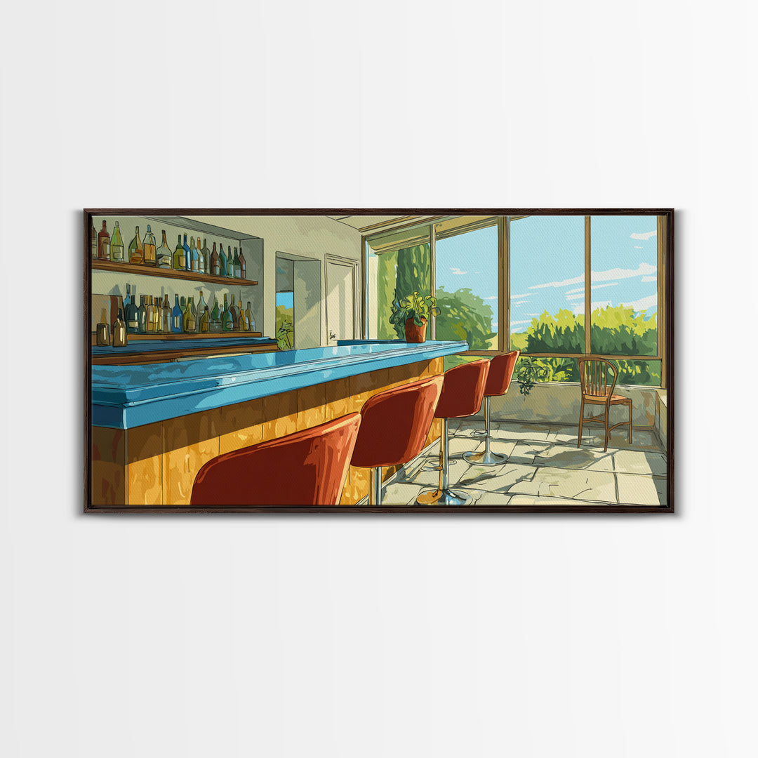 Sunlit Patio Cocktail Bar With Blue Counter And Red Stools, Mid Century Modern Wall Art, Retro Lounge Decor, Scenic Bar Print