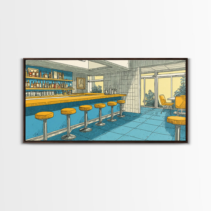 Retro Blue And Yellow Hotel Bar With Round Stools, Mid Century Modern Wall Art, MCM Lounge Decor, Diner Interior Print Poster